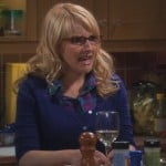 Bernadettes blue cardigan over plaid top on The Big Bang Theory