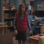 Amy’s red vest over a plaid shirt on The Big Bang Theory