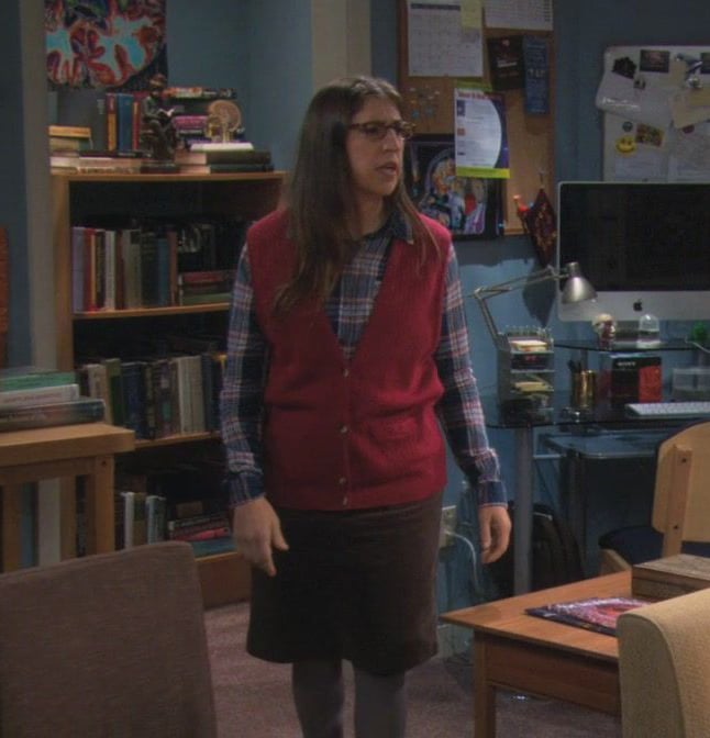 Amy's red vest over a plaid shirt on The Big Bang Theory