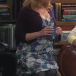 Bernadette’s purple flower dress with grey tights on The Big Bang Theory