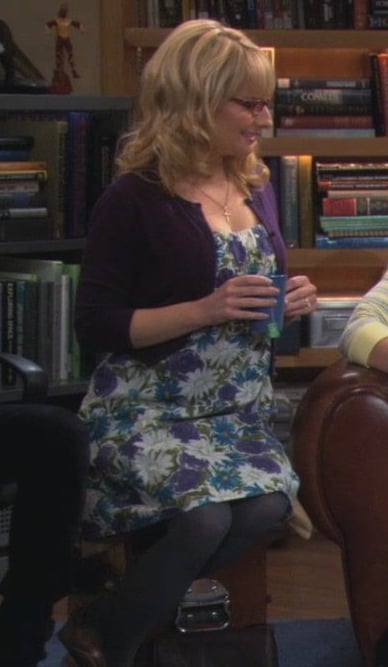 Bernadette's purple flower dress with grey tights on The Big Bang Theory