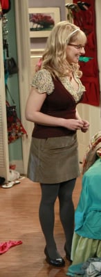 Bernadette's burgundy vest and beige skirt on The Big Bang Theory