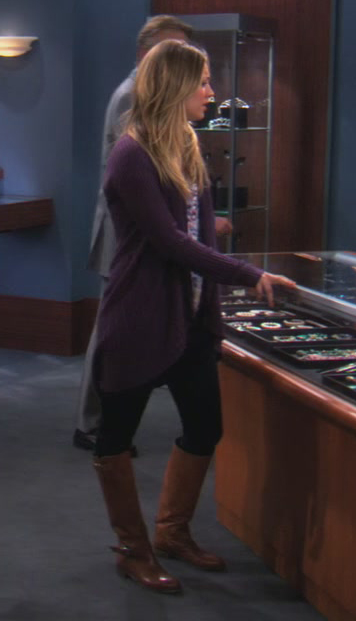 Penny's purple cardigan and brown boots on The Big Bang Theory