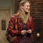 Penny’s burgundy leather jacket and brown leather bag on The Big Bang Theory