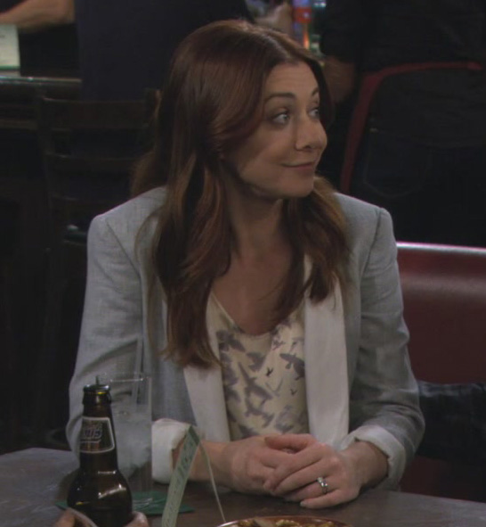 Lily's grey jacket and bird print top on How I met your mother
