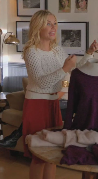 Alex's white knit sweater and red skirt on Happy Endings