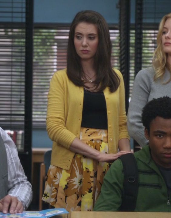 Annie's yellow skirt and cardigan