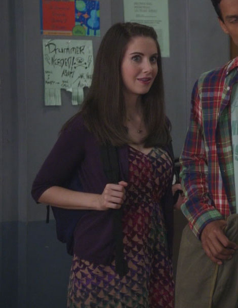 Annie's purple patterned dress with cardigan on Commnity