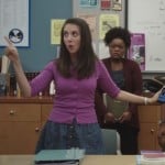 Annie’s magenta cardigan and blue skirt on Community