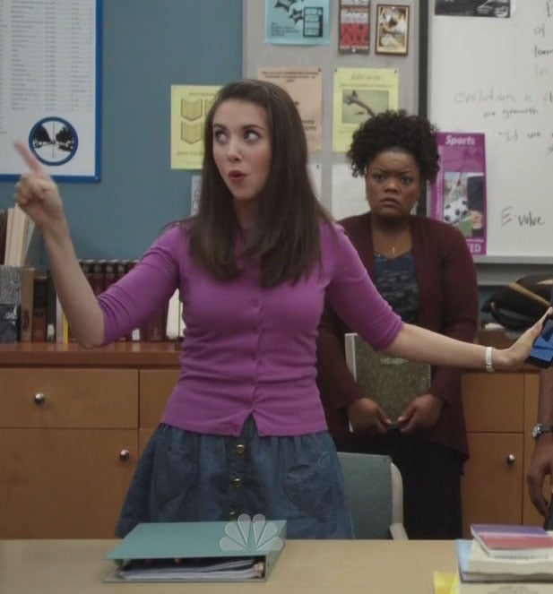 Annie’s magenta cardigan and blue skirt on Community