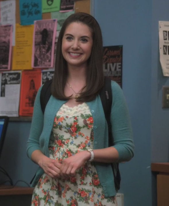 Annie's white floral dress with blue cardigan on Community