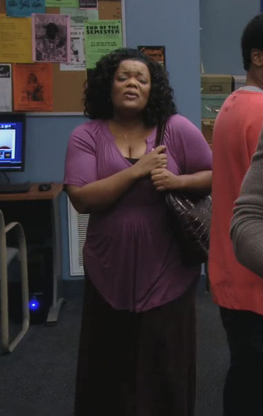 Shirley's long purple top with maxi skirt on Community