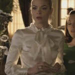 Lemon’s silky white blouse with fur lined bow and polka dot skirt  on Hart of Dixie