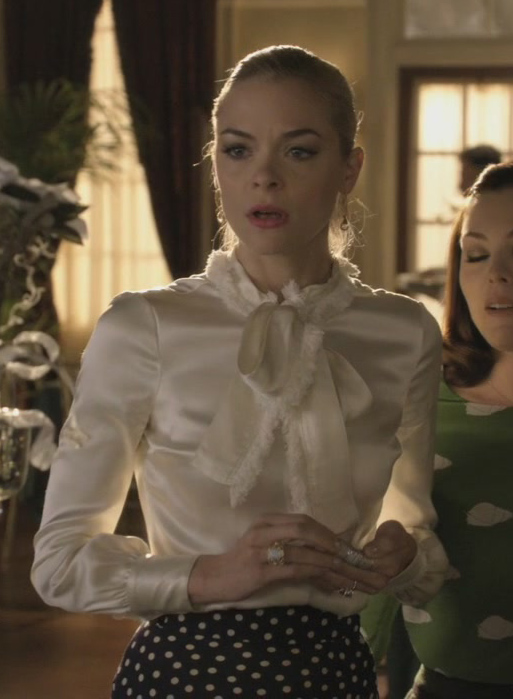 Lemon's silky white blouse with fur lined bow and polka dot skirt  on Hart of Dixie