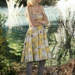 Lemon’s strapless yellow dress with grey tights and flats on Hart of Dixie