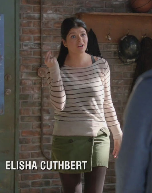 Penny’s striped sweater and green mini skirt on Happy Endings