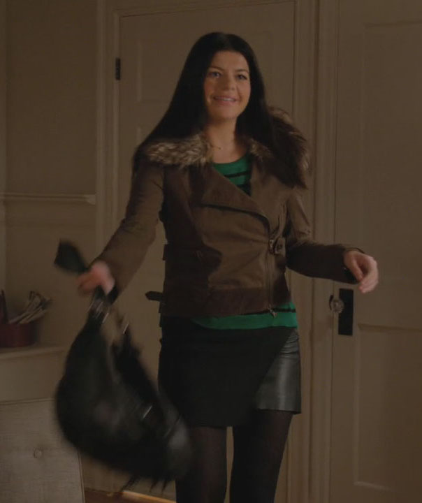 Penny's green striped top and brown jacket on Happy Endings