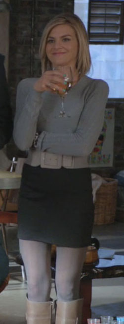 Jane's grey sweater and mini skirt on Happy Endings
