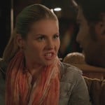Alex’s orange scarf with lightwash denim jacket on Happy Endings