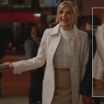 Jane’s white coat and snakeskin clutch on Happy Endings
