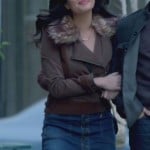 Penny’s jacket with fur collar and denim skirt on Happy Endings