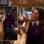 Amy’s purple striped cardigan and denim skirt on The Big Bang Theory