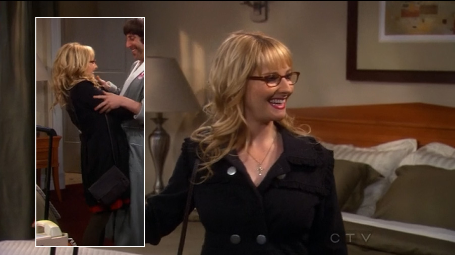 Bernadette’s black coat with silver buttons and ruffles on The Big Bang Theory