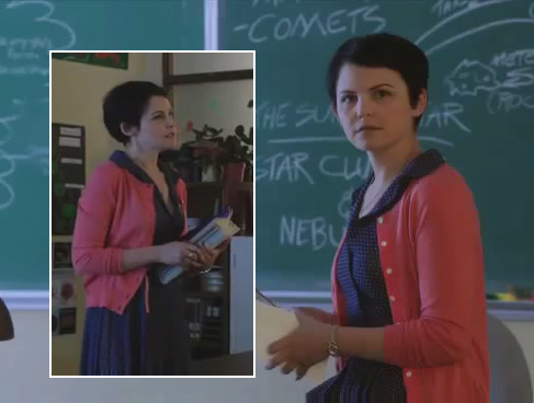 Mary's coral cardigan over polka dot shirtdress on Once Upon a Time