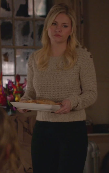 Alex's light brown sweater with wood buttons on Happy Endings