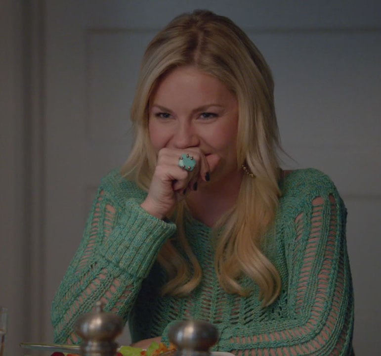 Alex's green crochet sweater and aqua ring on Happy Endings