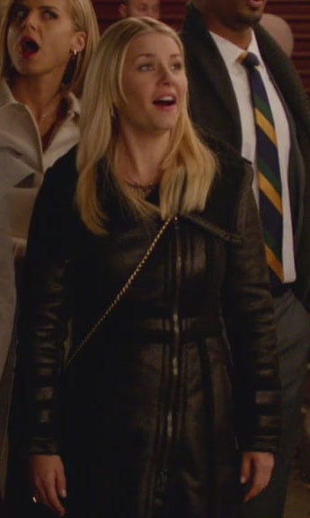 Alex's long black leather style jacket on Happy Endings