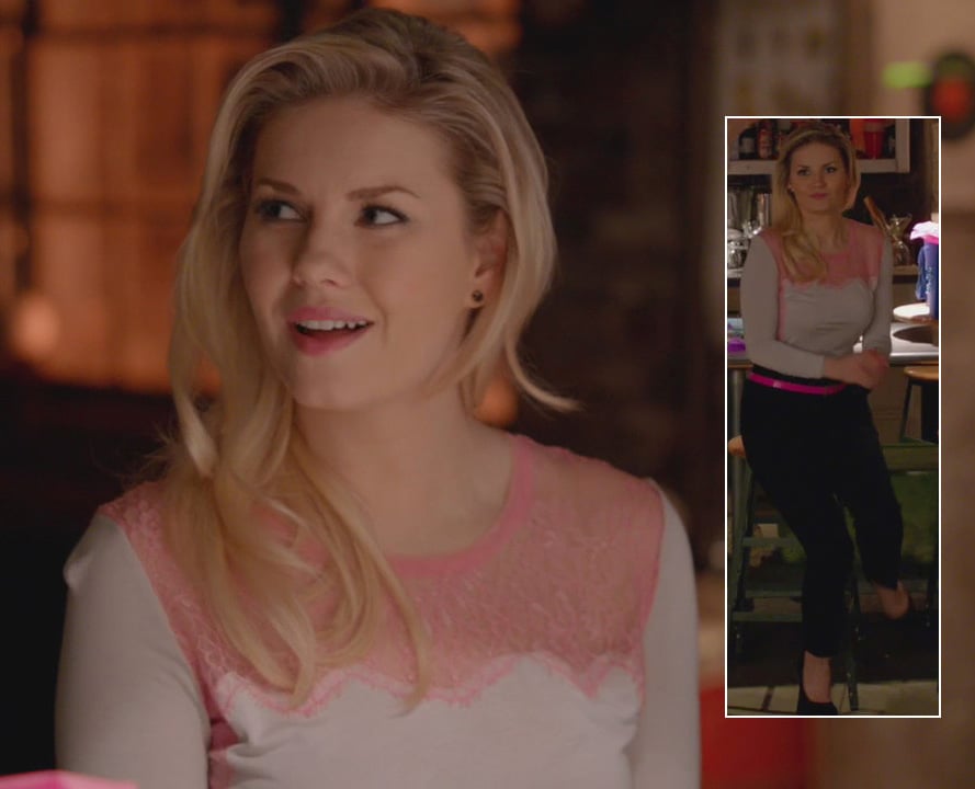 Alex's pink lace top and hot pink belt on Happy Endings