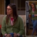 Amy’s green cardigan, denim skirt and purple tights on The Big Bang Theory