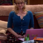 Bernadette’s black floral dress with blue cardigan on The Big Bang Theory