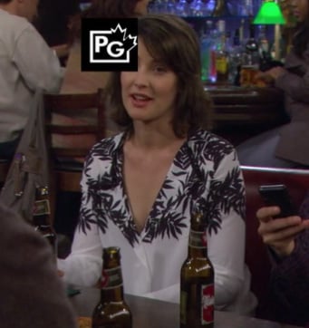 Robin's black and white leaf print blouse on How I Met Your Mother