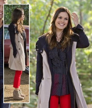 Zoe's contrast coat, red pants, ankle boot wedges and polka dot blouse on Hart of Dixie