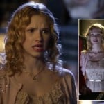 Magnolia’s peach sequin embellished cardigan over a lace dress and metallic belt on Hart of Dixie