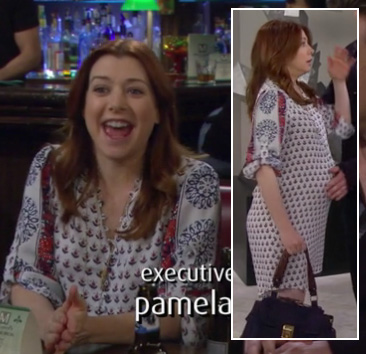 Lily’s peasant style maternity dress and purple handbag on How I Met Your Mother