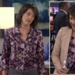 Robin’s purple patterned blouse and red satchel handbag on How I Met Your Mother