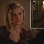 Jane’s brown silky blouse and gold link necklace on Happy Endings