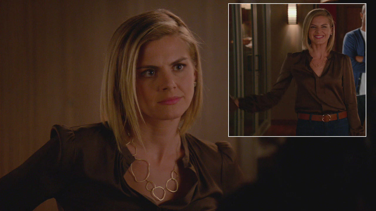 Jane's brown silky blouse and gold link necklace on Happy Endings