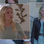 Alex’s mint green dress with brown leather jacket on Happy Endings