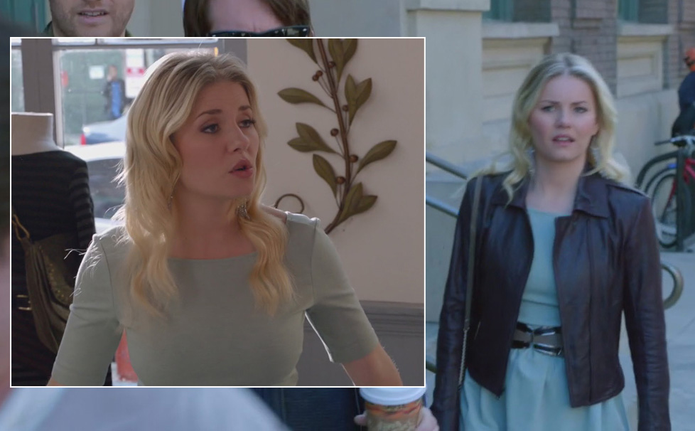 Alex's mint green dress with brown leather jacket on Happy Endings