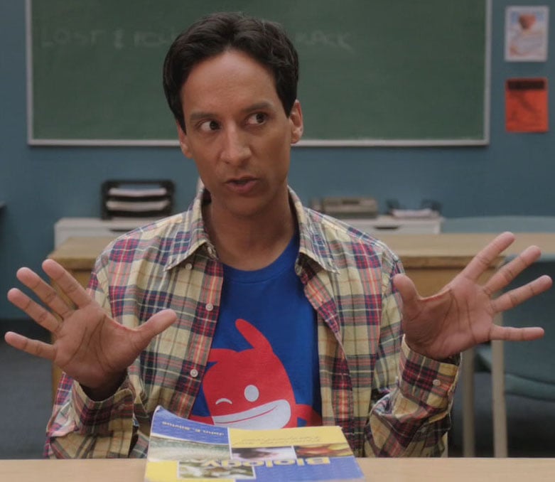 Abed's blue shirt with red character on it on Community