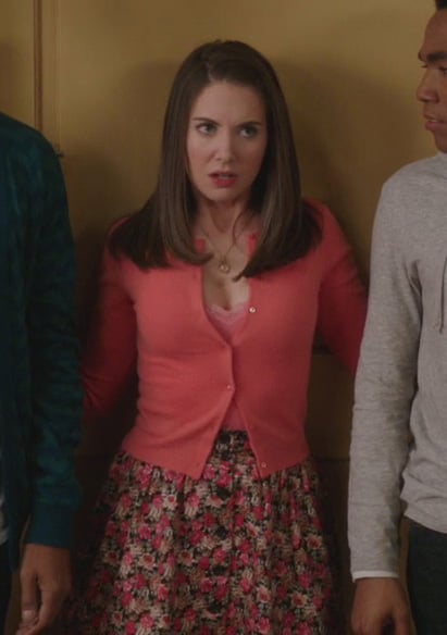 Annie’s pink floral button up skirt and coral/pink cardigan on Community