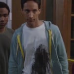 Abed’s white shirt with black ink splash graphic and blue cardigan on Community