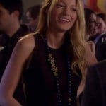 Serena’s black dress with blue bead necklace on Gossip Girl