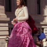 Blair’s pink gown with cream fur collar blazer on Gossip Girl