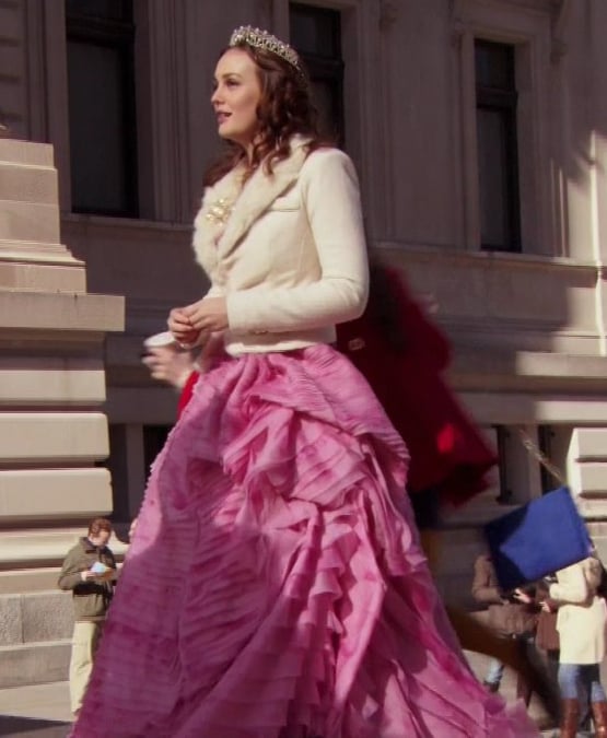 Blair's pink gown with cream fur collar blazer on Gossip Girl
