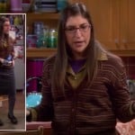 Amy’s brown striped cardigan, grey skirt and tights with loafers on The Big Bang Theory